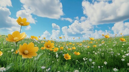 Poster - Beautiful green field with yellow cosmos flowers under blue cloudy sky in a 3D cartoon rendering
