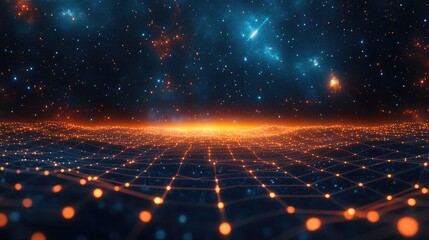 Poster - Abstract landscape depicted in a 3D cartoon rendering against a dark background featuring a star horizon cyberspace grid hi tech network and starry outer space texture 3D illustration