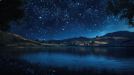 Poster - Mesmerizing starry sky over a rural landscape by the lake in a 3D cartoon rendering