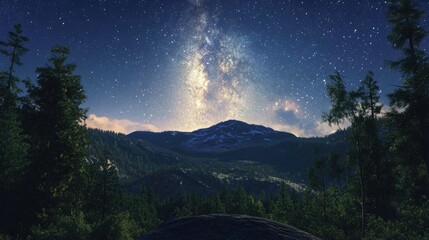 Wall Mural - 3D cartoon rendering showcasing the view of the Milky Way over a mountain in a forested area