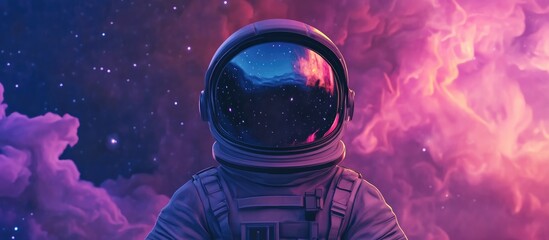 Poster - Astronaut in costume and helmet in a peaceful galaxy illustrated in 3D cartoon style with watercolor technique