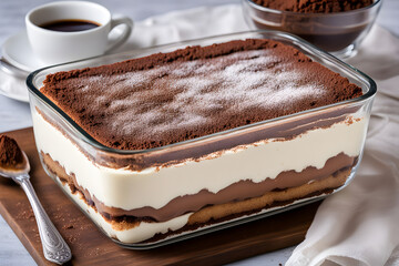 Italian tiramisu in a glass dish layered with mascarpone cheese coffee soaked ladyfingers, AI Generated