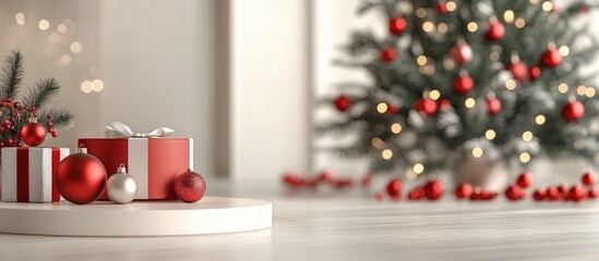 Aufkleber - Christmas and New Year product display podium mockup featuring a decorated tree 3D render background