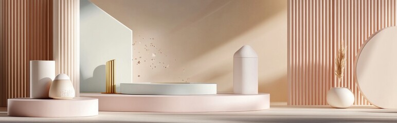 Poster - Podium featuring abstract geometric elements and shapes designed for product display and presentation in a softly focused 3D rendered scene