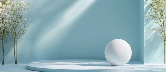 Poster - Pastel blue backdrop for showcasing products featuring a hemisphere podium 3D rendered illustration