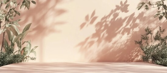 Aufkleber - Subtle pastel background featuring wall shadows designed for showcasing products Minimalistic botanical podium enhanced by shadows from various plants and trees for promotional use