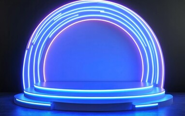 Aufkleber - Futuristic podium designed for award presentations featuring lighting effects and a blue backdrop Neon illumination 3D rendering