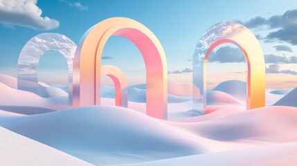 Poster - Surreal pastel landscape featuring geometric shapes and abstract desert dunes complemented by arches a panoramic futuristic scene with ample copy space set against a blue sky with clouds