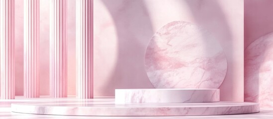Poster - Minimal pastel studio background featuring a 3D marble podium and abstract geometric shapes