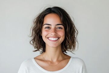 Happy woman with short curly hair smiling