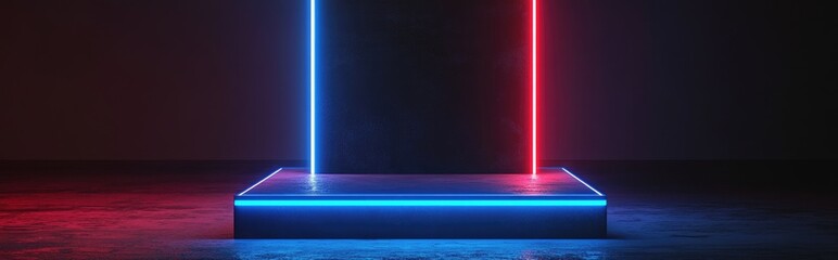 Aufkleber - Square pedestal with blue neon lights on a gray background 3D rendering