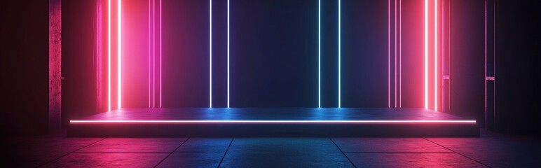 Poster - Empty stage illuminated by neon lines in a dark environment 3D rendering Digital illustration