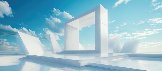 Poster - Surreal 3D render featuring minimal white architecture geometric shapes and an abstract design showcasing a futuristic scene with panoramic elements blue sky and clouds including ample copy space