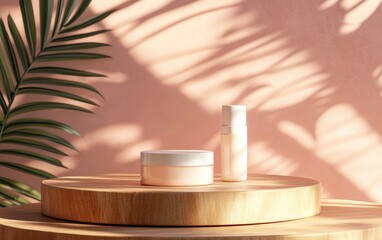 Poster - Organic cosmetic product display on a round brown wooden podium against a pink wall illuminated by sunlight shadows 3D rendering illustration