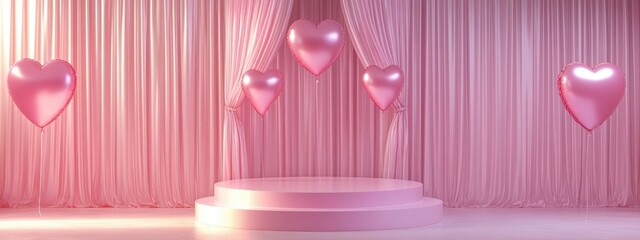 Wall Mural - Empty white cylinder podium with pink trim heart shaped balloons on an arch and a backdrop of curtains A romantic interior setting ideal for Valentine s Day featuring a pedestal Three dimensional