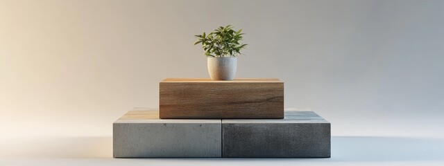 Poster - Product display stand featuring a square box design with wood and concrete textures rendered in 3D