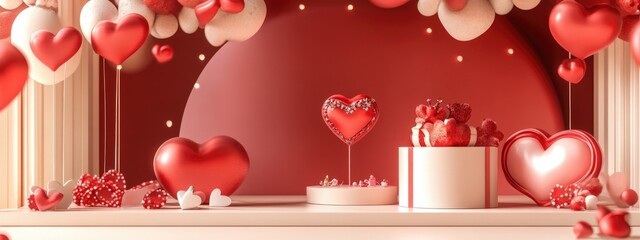 Poster - Valentine s Day themed backdrop featuring festive decor elements and a display podium for showcasing products 3D rendered illustration