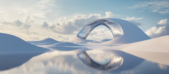 Poster - Surreal dreamlike landscape featuring abstract dunes in a winter setting complemented by a geometric arch Enchanting island scenery with water and a natural cloudy sky highlighted by a metallic mir