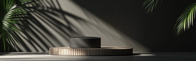 Poster - Simple 3D render featuring a dark gray and black minimalist product display with a wooden podium and palm leaf shadow in the backdrop