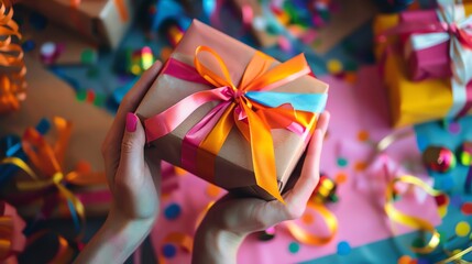 Canvas Print - A person holding a gift with colorful ribbons.