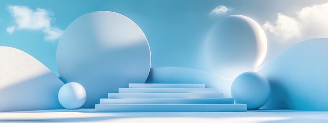 Aufkleber - Empty podium featuring stairs and geometric shapes in a sky blue pastel arrangement designed for modern stage displays and minimalist mockups abstract showcase background Concept 3D illustration o