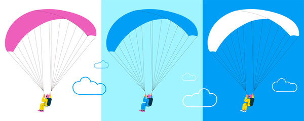 Flying person perform solo skydiving jump with parachute. Extreme sport activities. Modern flat vector illustration.