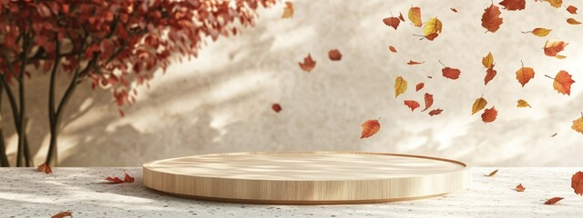Poster - Empty wooden display stand on terrazzo with 3D rendering and falling leaves high quality image