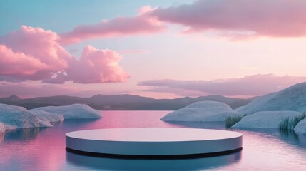 Poster - Premium 3D Abstract minimalistic design showcasing an empty podium surrounded by a tranquil pond with a blue pink sky backdrop for product display in portrait orientation