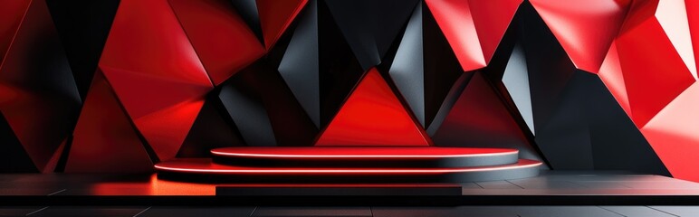 Poster - Black and Red 3D Shapes Wall with Shiny Surfaces Modern Platform 3D Render