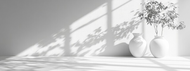 Poster - Monochromatic backdrop featuring vases shadows of trees and natural light 3D render