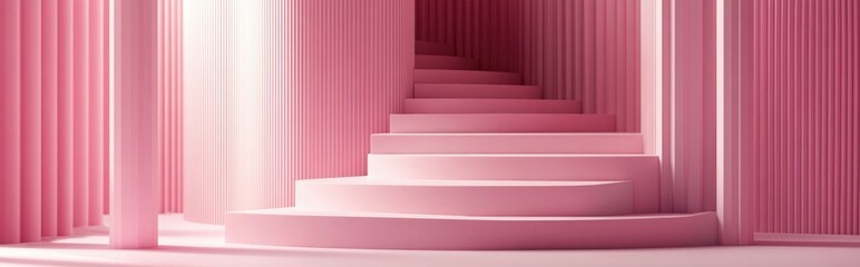 Poster - Fashion beauty podium backdrop featuring pink steps for product presentation with a geometric 3D background in pink