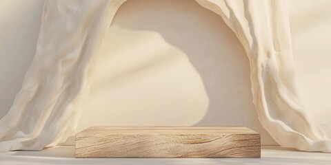 Poster - Abstract 3D product display with a rustic wooden podium and a light colored background 3D rendering illustration