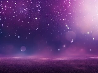 Purple banner dark bokeh particles glitter awards dust gradient abstract background. Futuristic glittering in space on purple background blank 