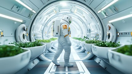 Space station corridor lined with small greenhouse pods, astronauts harvesting microgreens and herbs, realistic photograph,