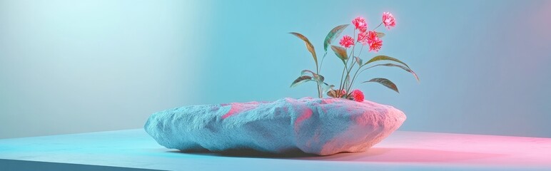 Aufkleber - A minimalistic composition featuring a stone adorned with flowers set against a light blue backdrop A runway designed for showcasing products and cosmetics An exhibition space for presenting natur