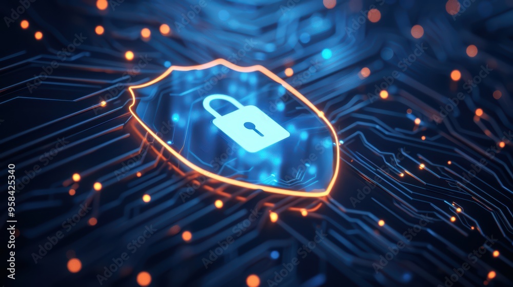 Cybersecurity Concept with Glowing Shield and Lock Icon on Circuit ...