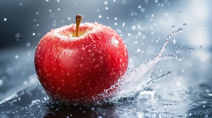 close-up of a juicy red apple with a dynamic splash of water bursting around it, the motion frozen perfectly to showcase the energy and freshness