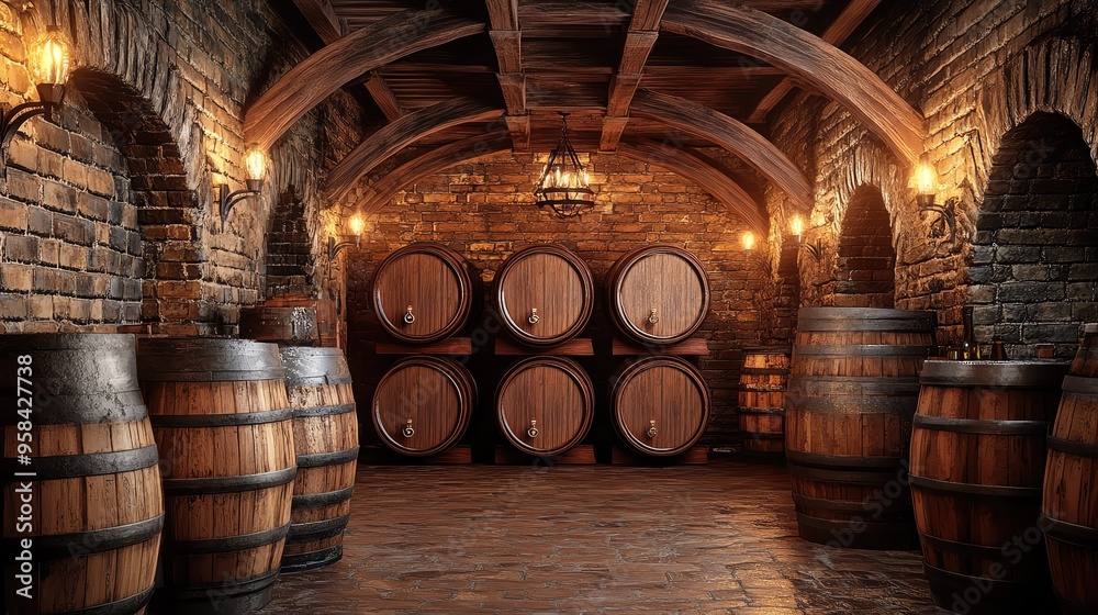 Rustic wine cellar featuring wooden barrels and stone walls ...