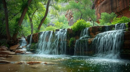 Wall Mural - A peaceful scene of Zion National Park's Weeping Rock, with water cascading down the rock face and lush greenery providing a serene and refreshing setting.