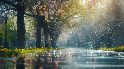 Poster - A peaceful spring rain shower in a city park, with trees and flowers glistening under the rain and creating a serene urban escape