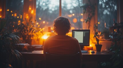 Poster - A person working at a desk with glowing lights in a cozy indoor space during twilight hours