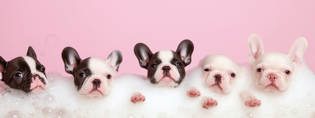 Adorable French Bulldog puppies sitting in a row completely in foam, with bubbles all around on a pink background. Dog sitting at a professional grooming salon or veterinary clinic. 