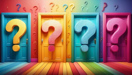 Colorful doors with question marks symbolize lifes choices