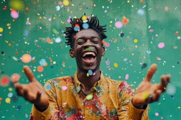 Sticker - Cheerful black man with confetti enjoying cheerful laughing celebration.