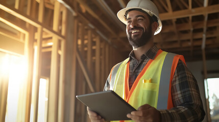 A happy construction site worker in a bright safety vest and hard hat, smiling while using a digital tablet during a home renovation project