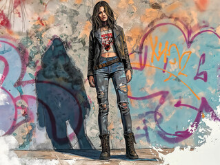 Canvas Print - A woman is standing in front of a graffiti wall. She is wearing a black jacket and jeans