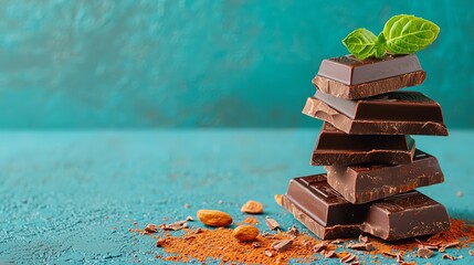 Delicious dark chocolate stacked on a vibrant background, garnished with fresh mint and sprinkled with cocoa powder.