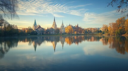 Sticker - reflective pond or lake, with its majestic spires and domes mirrored perfectly in the calm water.