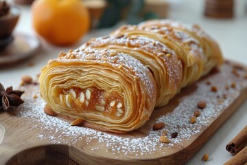 Morocco: M'hanncha A coiled pastry filled with almond paste and flavored with orange blossom water, dusted with powdered sugar and cinnamon