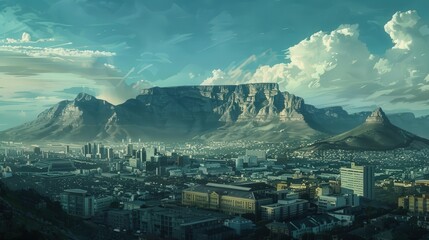 Canvas Print - A view of Table Mountain with a foreground of cityscape, capturing the contrast between the urban environment and the natural grandeur of the mountain